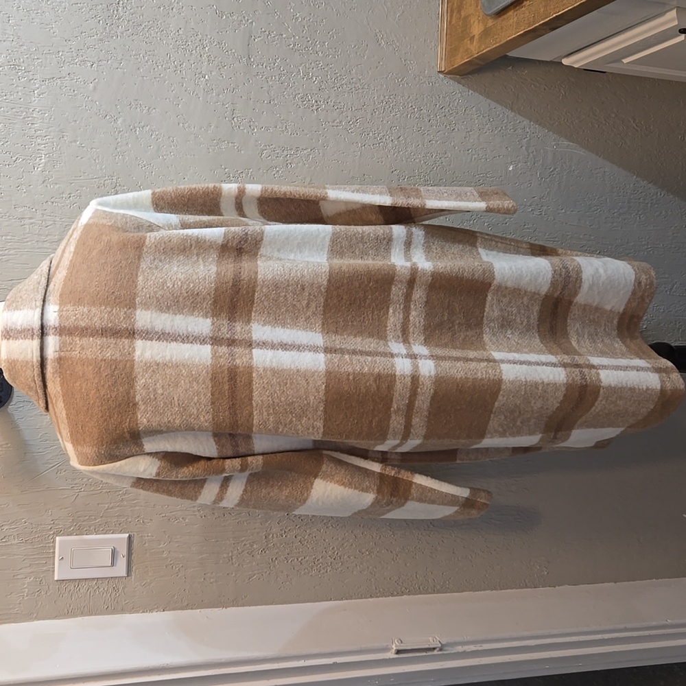 New Cynthia Rowley Wool Blend Sweater  Coat Tan Beige Plaid - Picture 6 of 10